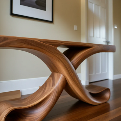 Natural Solid Wood Sculptural Console with Flowing Curved Base – Modern Japandi - Rustirawood