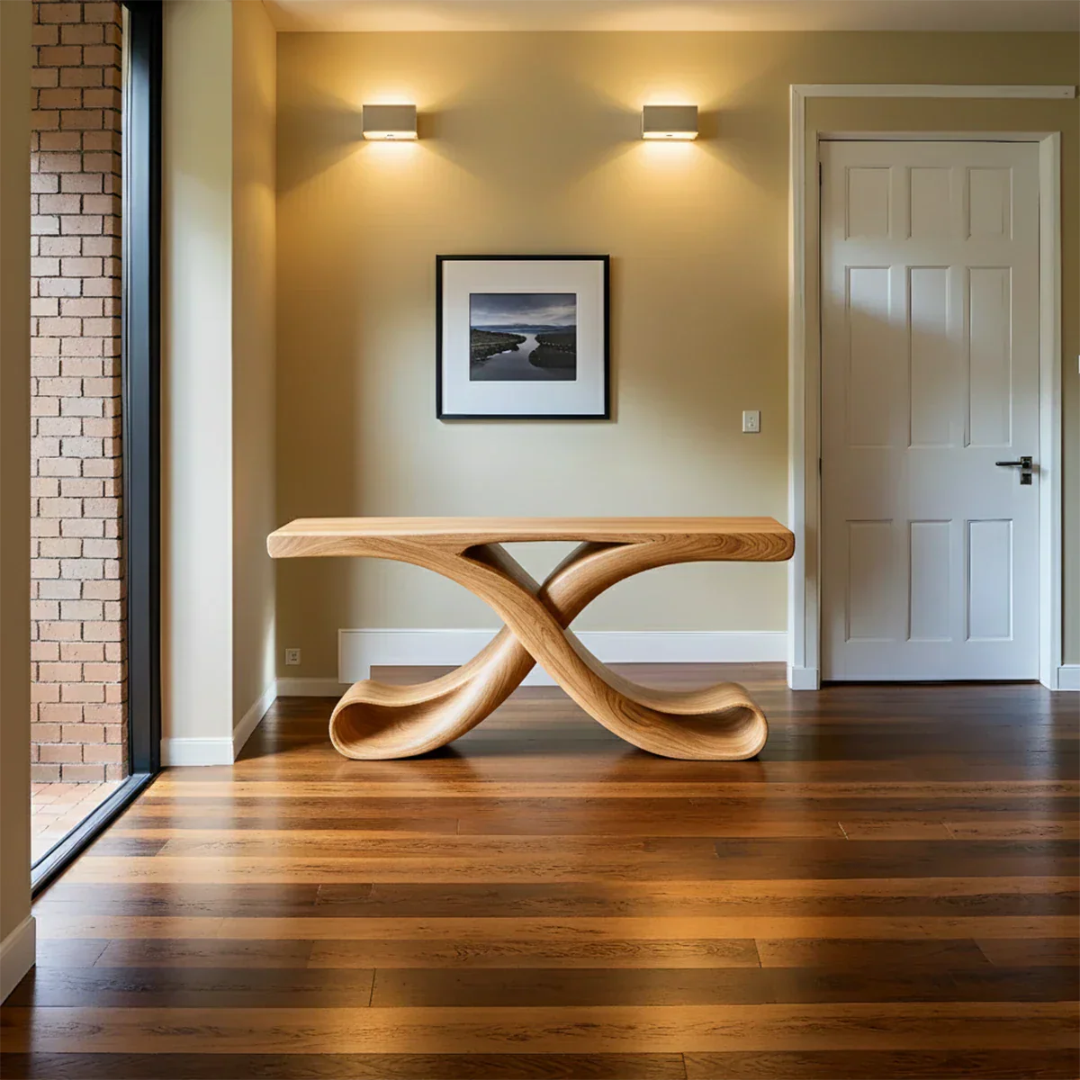 Natural Solid Wood Sculptural Console with Flowing Curved Base – Modern Japandi - Rustirawood