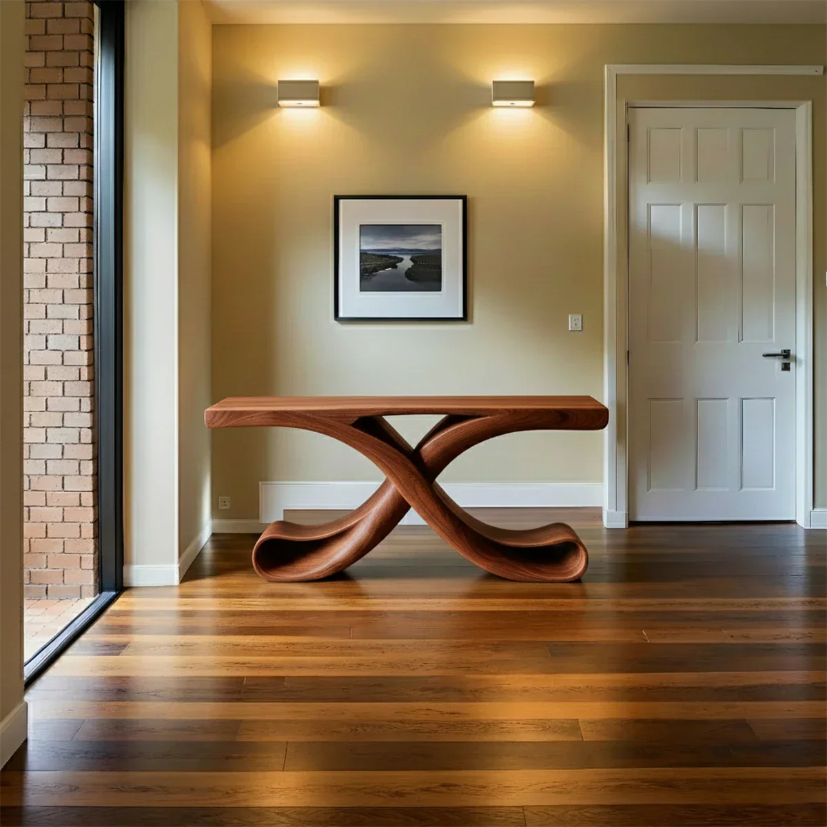 Natural Solid Wood Sculptural Console with Flowing Curved Base – Modern Japandi - Rustirawood