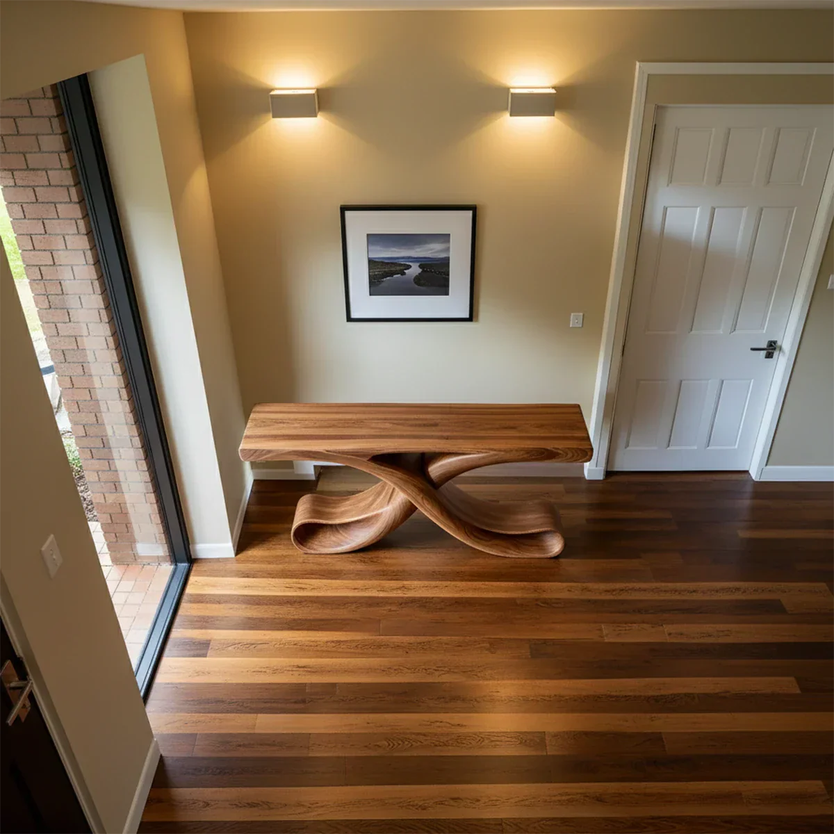 Natural Solid Wood Sculptural Console with Flowing Curved Base – Modern Japandi - Rustirawood