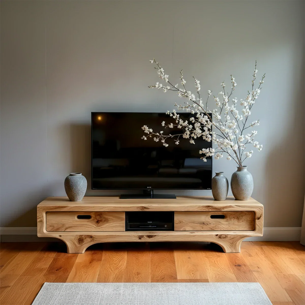 Natural Solid Wood TV Stand – Sculptural Minimalist Media Console - Rustirawood