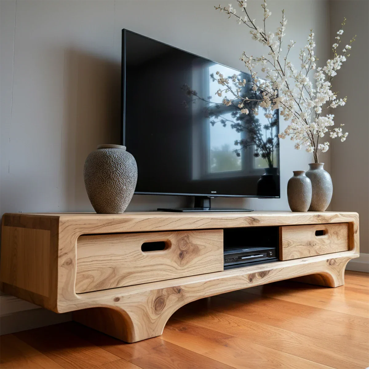 Natural Solid Wood TV Stand – Sculptural Minimalist Media Console - Rustirawood