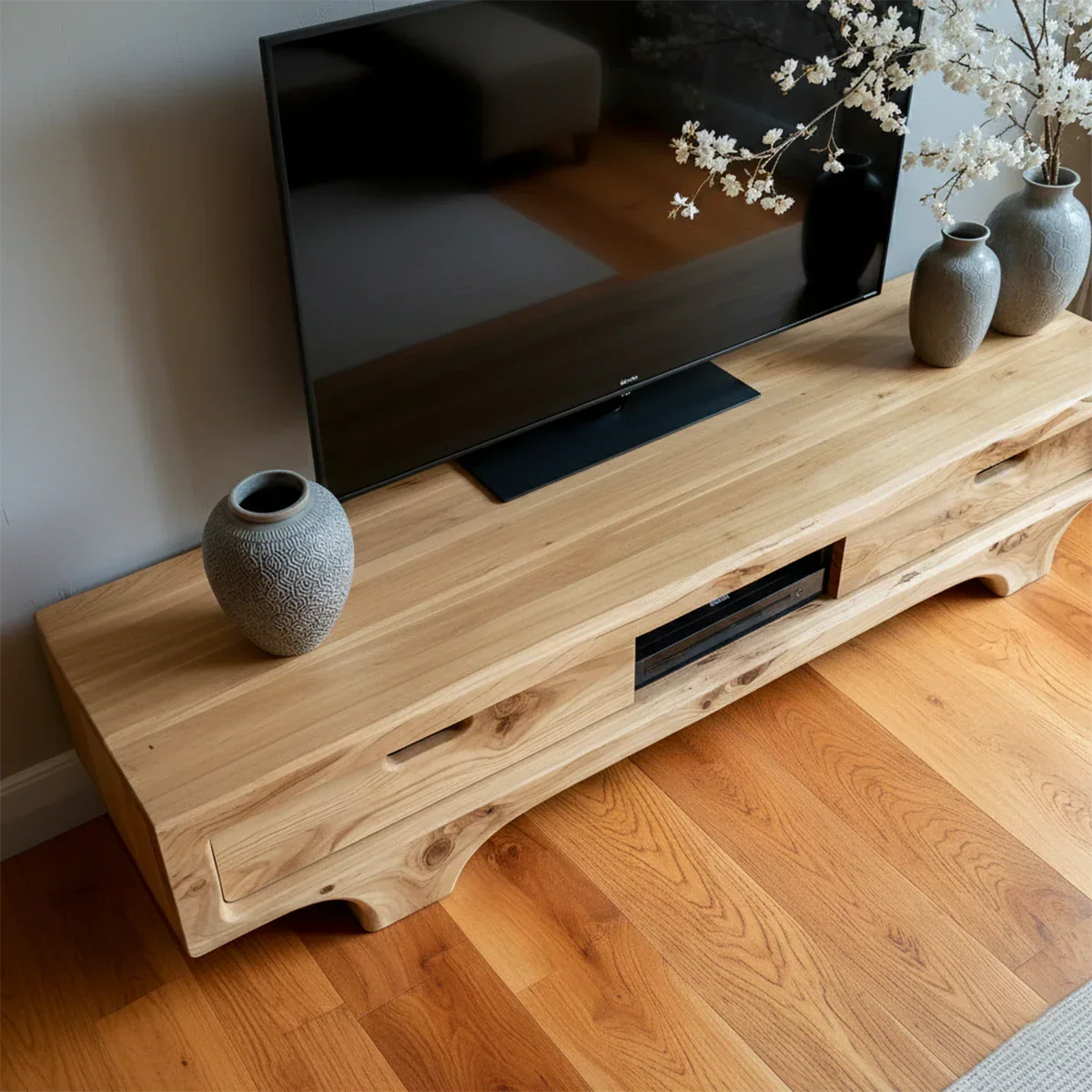 Natural Solid Wood TV Stand – Sculptural Minimalist Media Console - Rustirawood