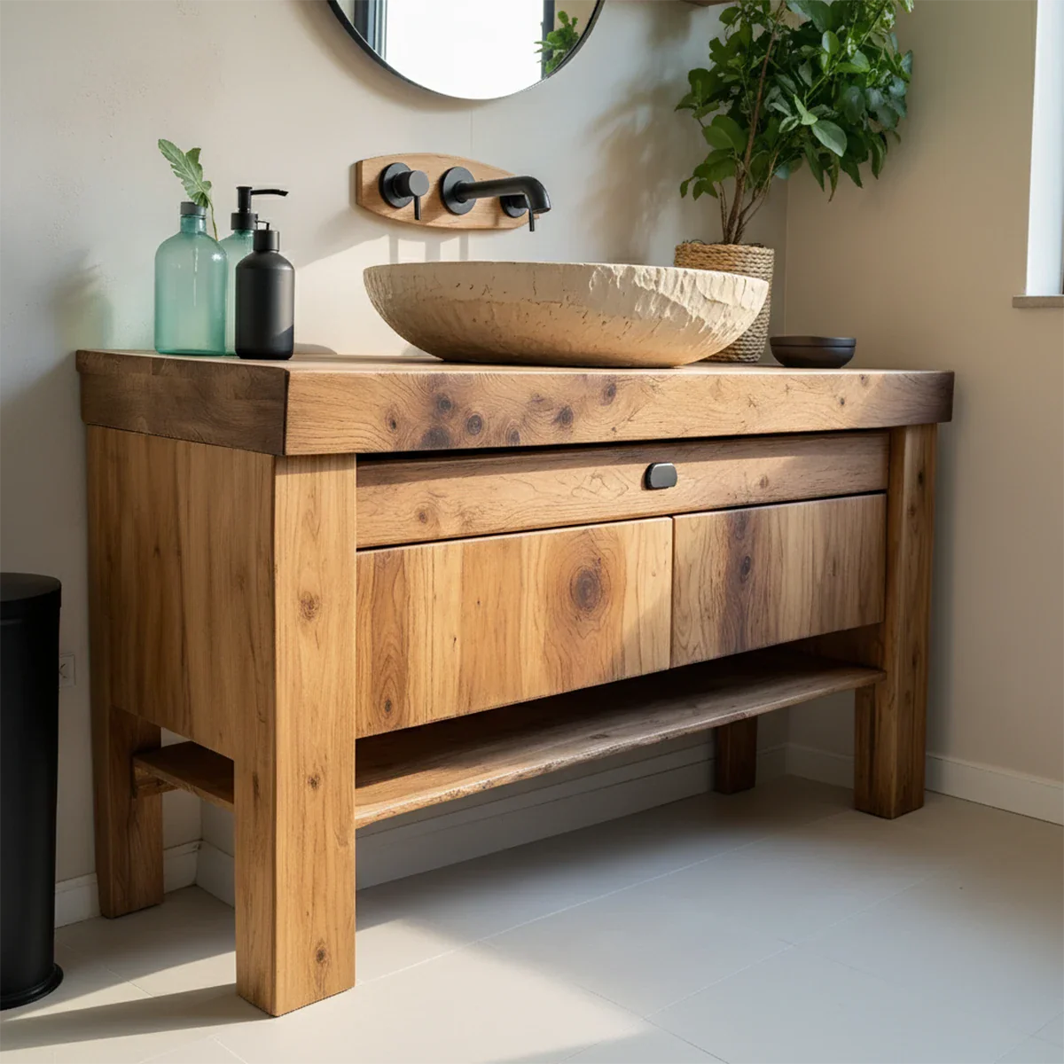 Natural Solid Wood Vanity with Carved Stone Basin - Rustira
