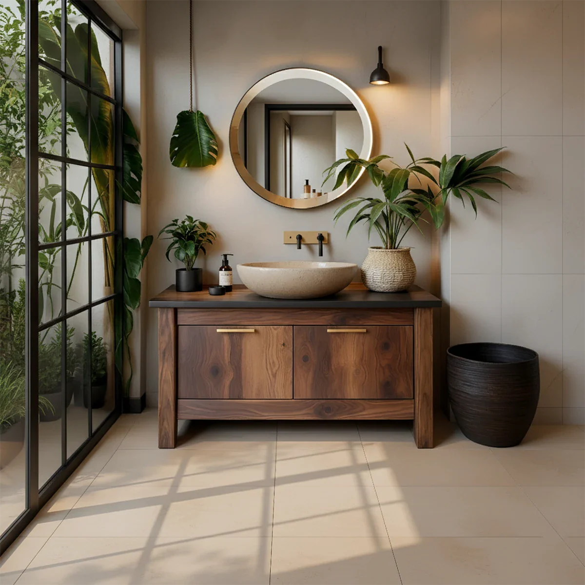Natural Solid Wood Vanity with Brass Handles & Stone Basin - Rustira