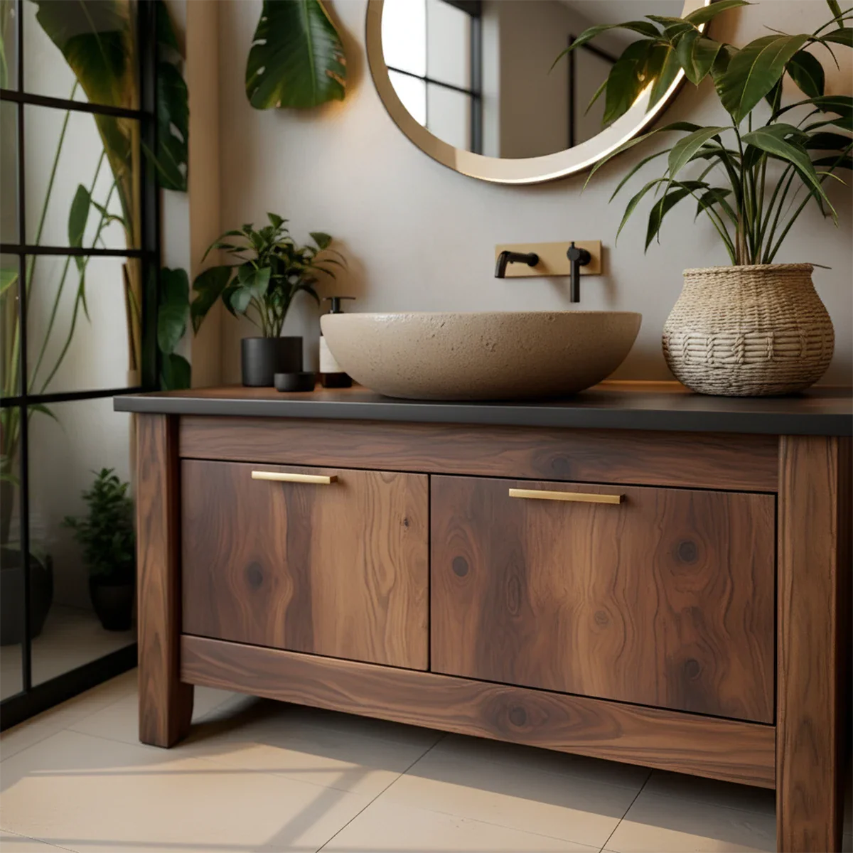 Natural Solid Wood Vanity with Brass Handles & Stone Basin - Rustira
