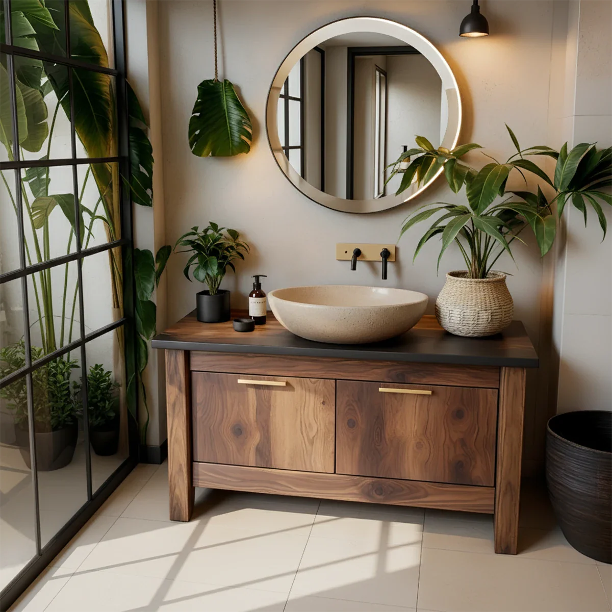 Natural Solid Wood Vanity with Brass Handles & Stone Basin - Rustira