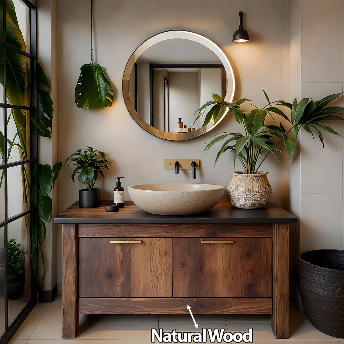 Natural Solid Wood Vanity with Brass Handles & Stone Basin - Rustira
