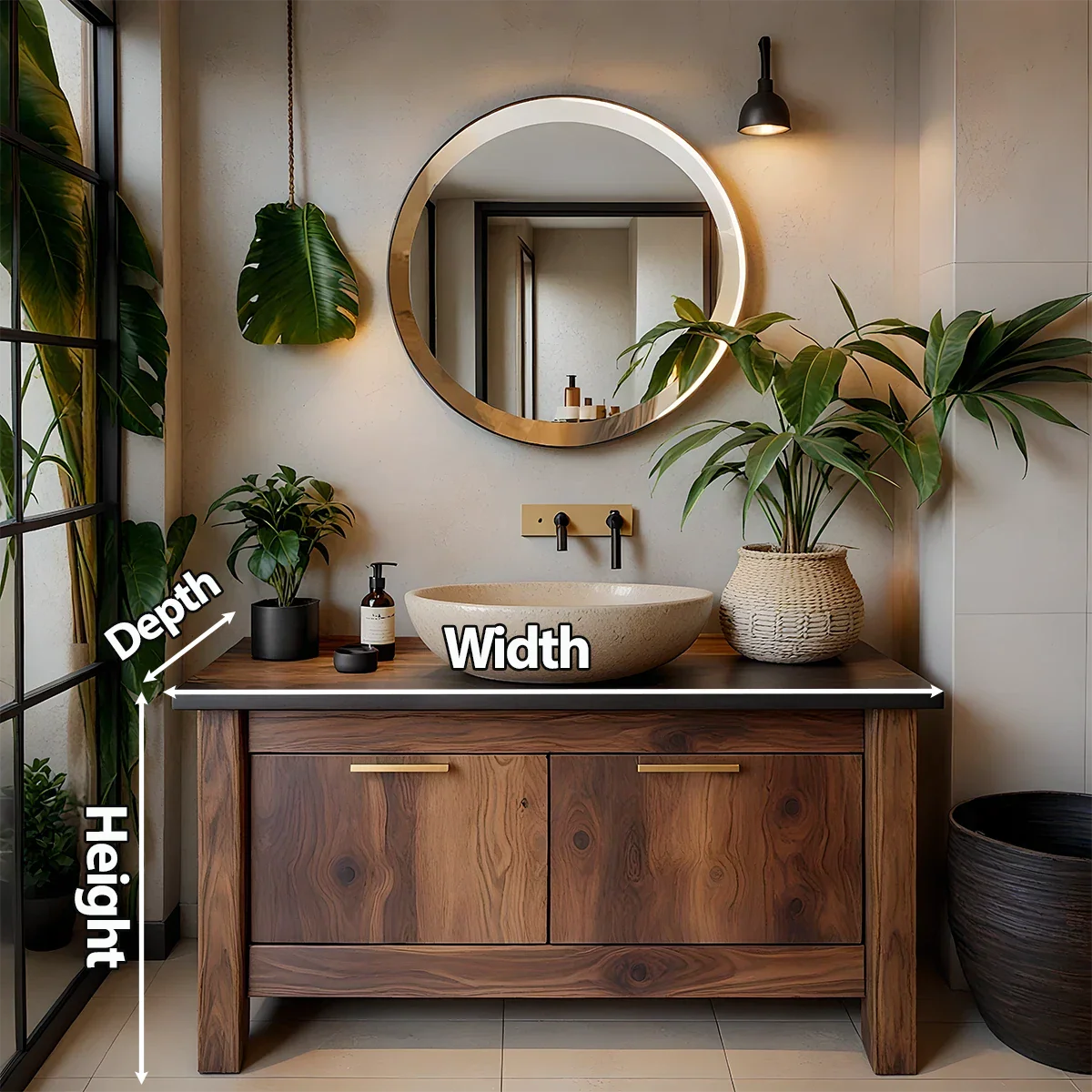 Natural Solid Wood Vanity with Brass Handles & Stone Basin - Rustira