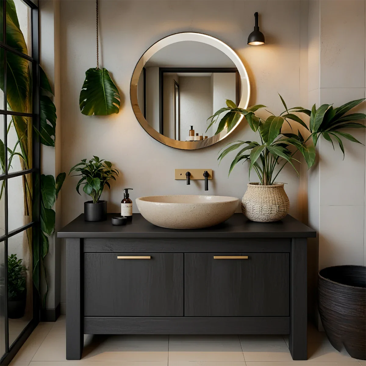 Natural Solid Wood Vanity with Brass Handles & Stone Basin - Rustira