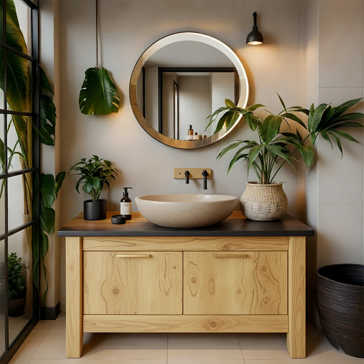 Natural Solid Wood Vanity with Brass Handles & Stone Basin - Rustira