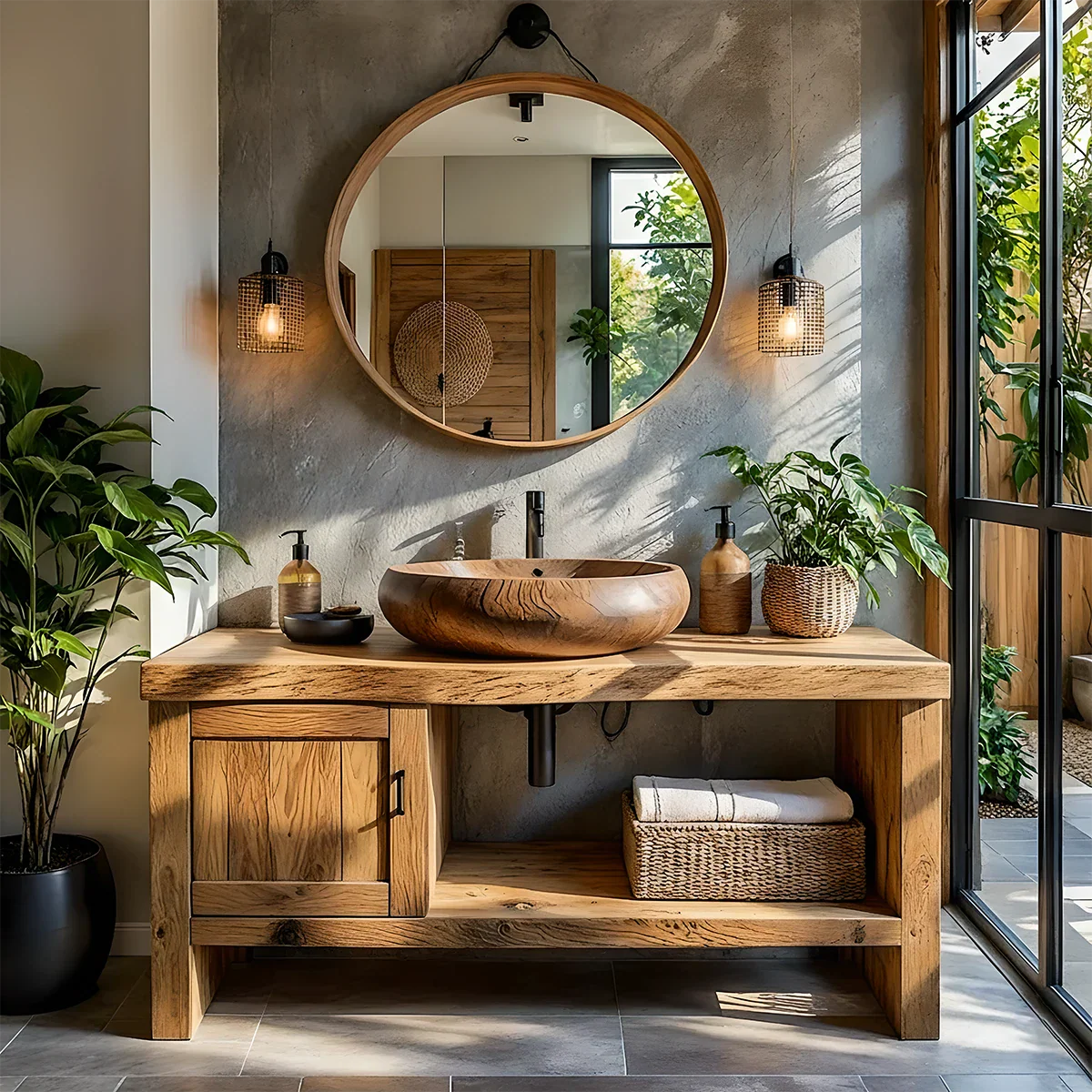 Natural Solid Wood Vanity with Door Cabinet & Open Shelf - Rustira