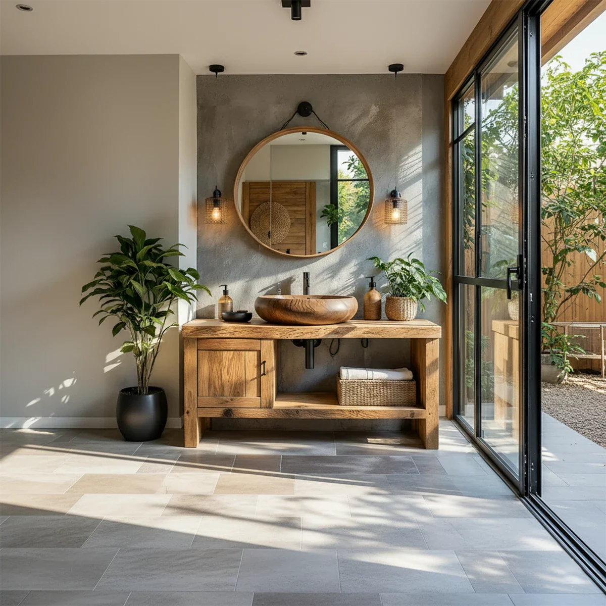 Natural Solid Wood Vanity with Door Cabinet & Open Shelf - Rustira