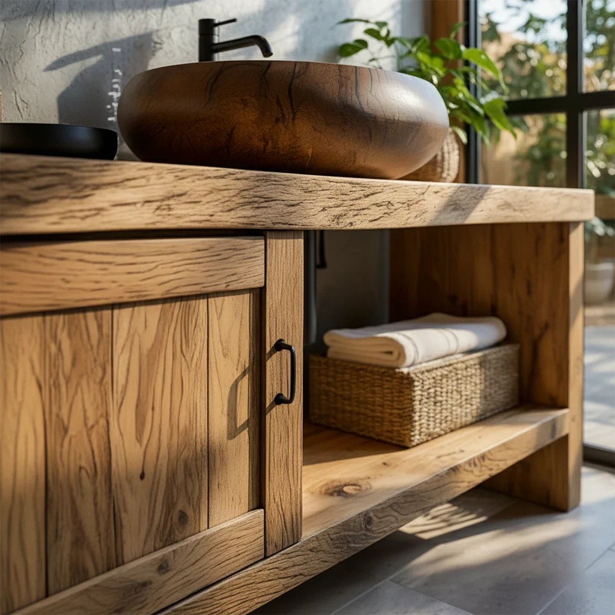 Natural Solid Wood Vanity with Door Cabinet & Open Shelf - Rustira