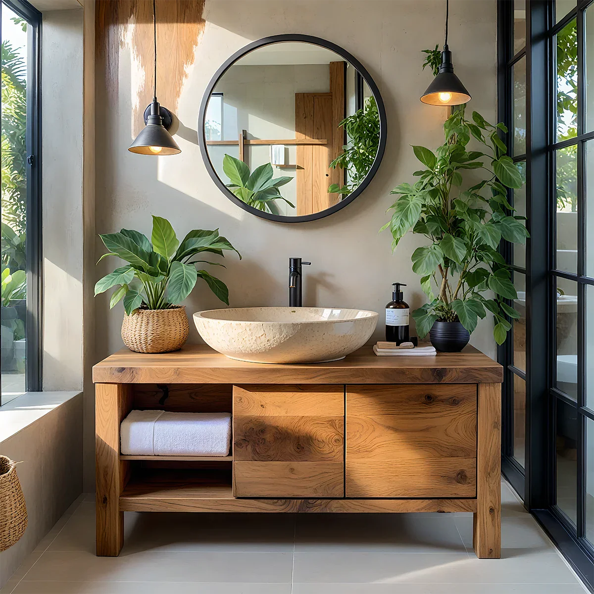 Natural Solid Wood Vanity with Open Shelf & Smooth Grain Doors - Rustira