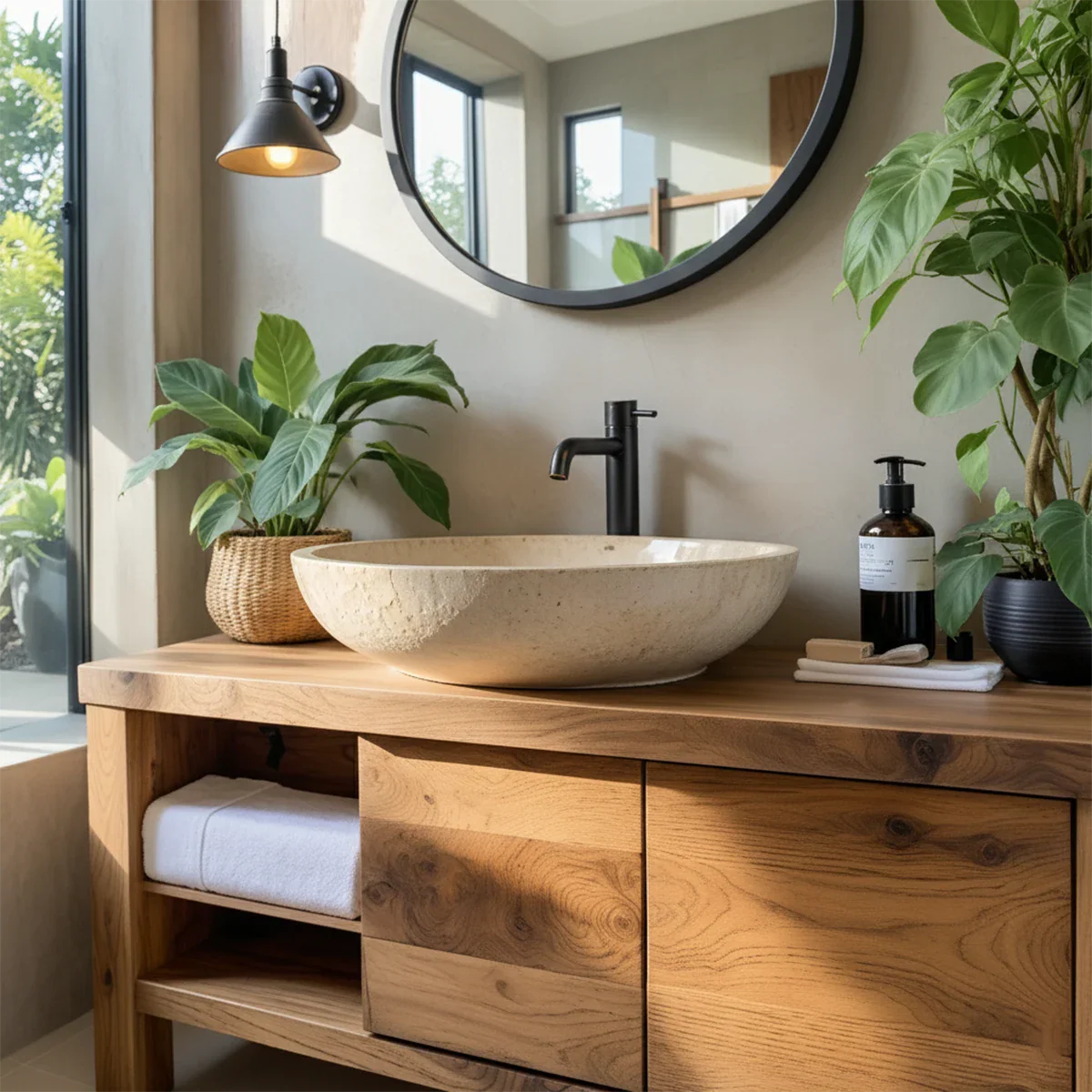 Natural Solid Wood Vanity with Open Shelf & Smooth Grain Doors - Rustira