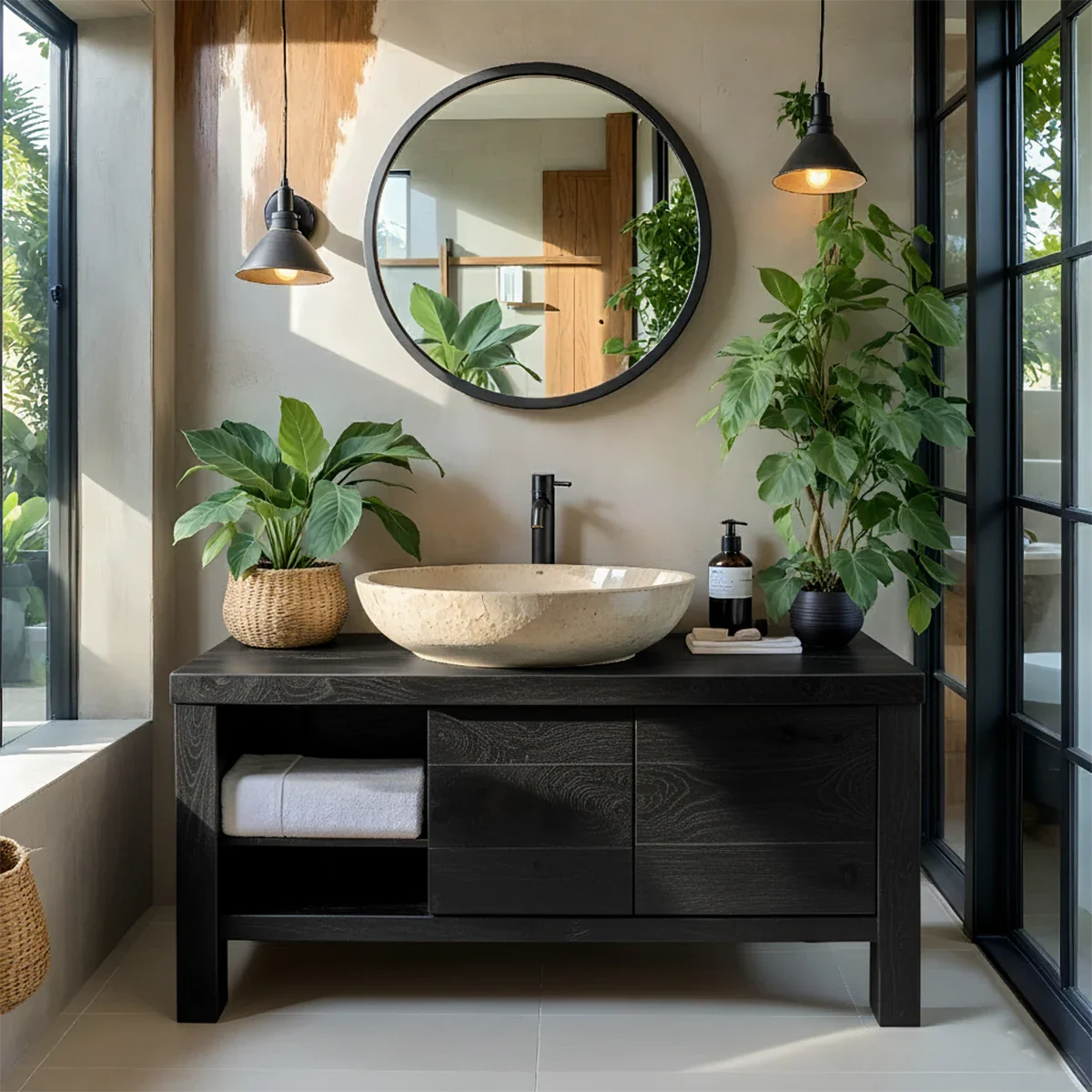 Natural Solid Wood Vanity with Open Shelf & Smooth Grain Doors - Rustira