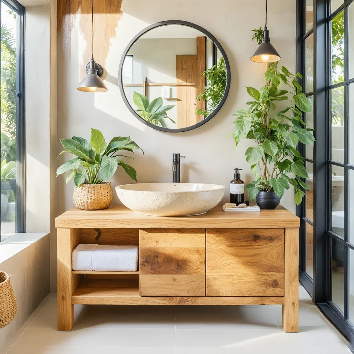 Natural Solid Wood Vanity with Open Shelf & Smooth Grain Doors - Rustira