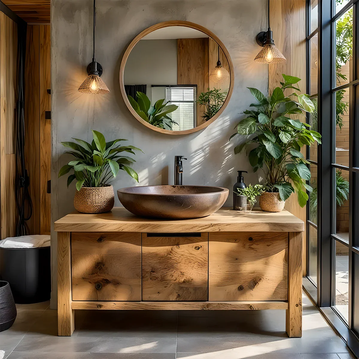 Natural Solid Wood Vanity with Smooth-Corner Frame & Center Cabinet - Rustira