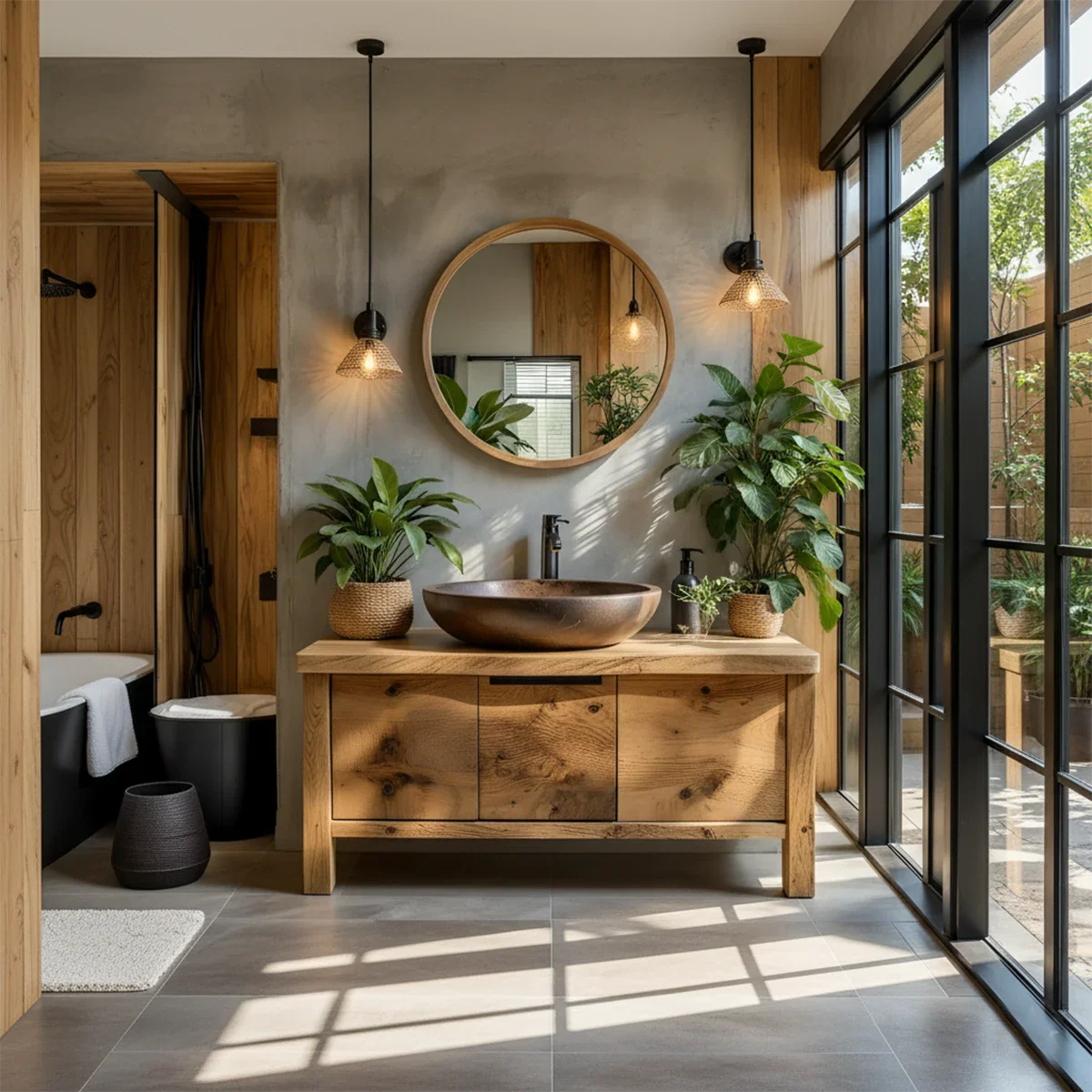 Natural Solid Wood Vanity with Smooth-Corner Frame & Center Cabinet - Rustira