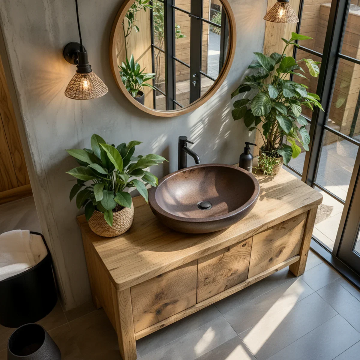 Natural Solid Wood Vanity with Smooth-Corner Frame & Center Cabinet - Rustira
