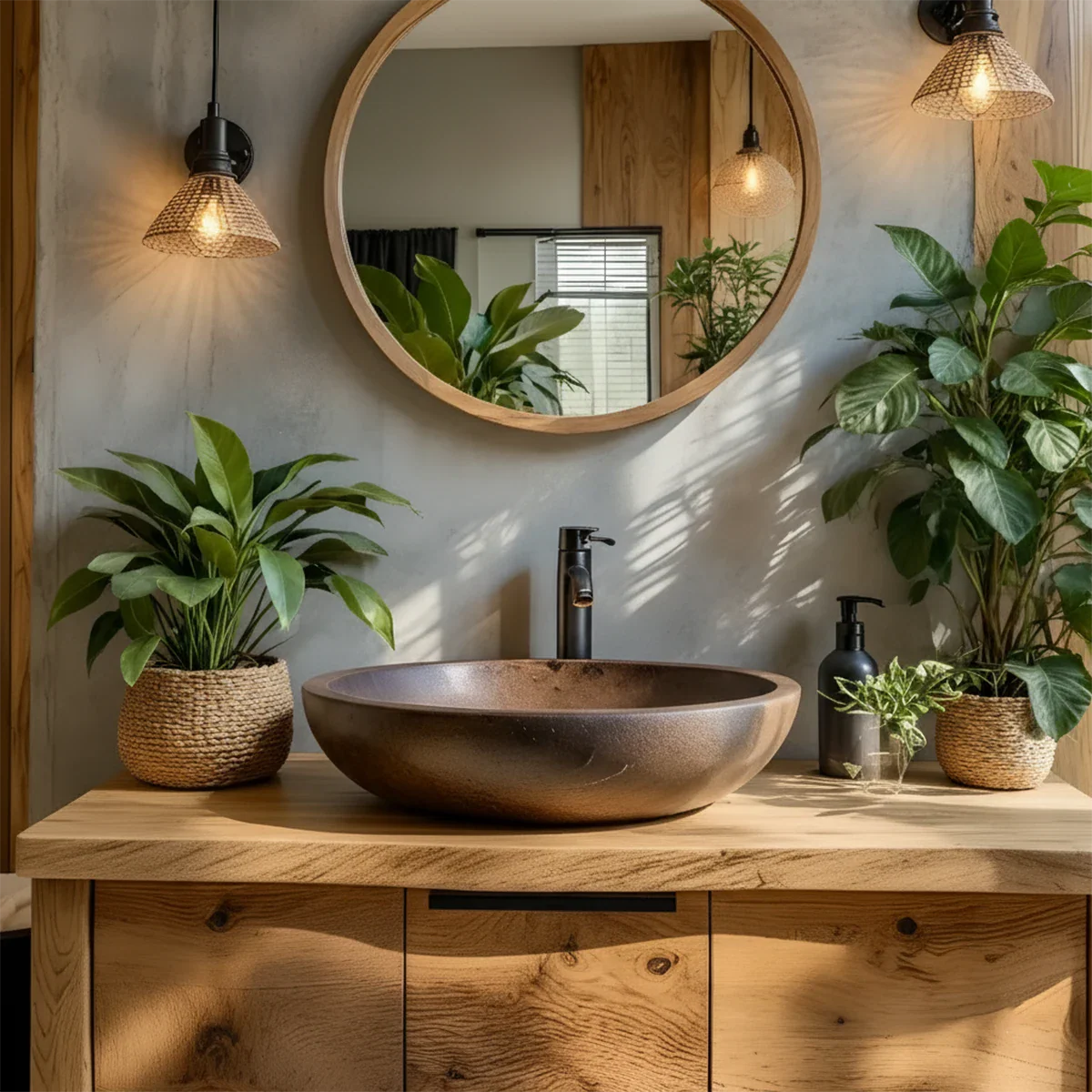 Natural Solid Wood Vanity with Smooth-Corner Frame & Center Cabinet - Rustira
