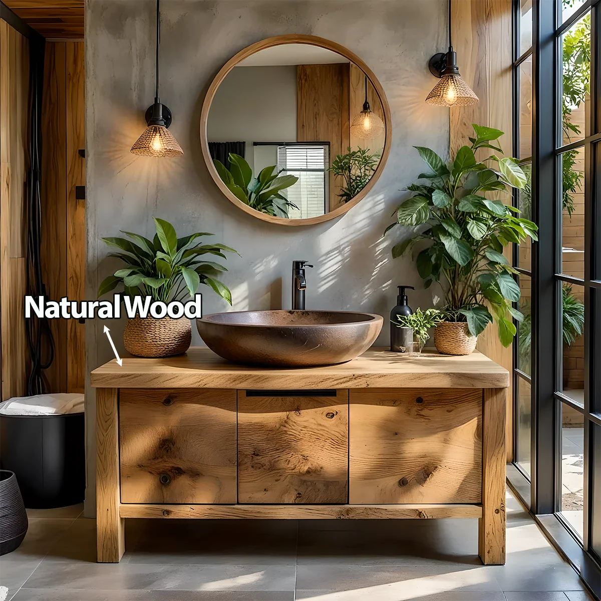 Natural Solid Wood Vanity with Smooth-Corner Frame & Center Cabinet - Rustira