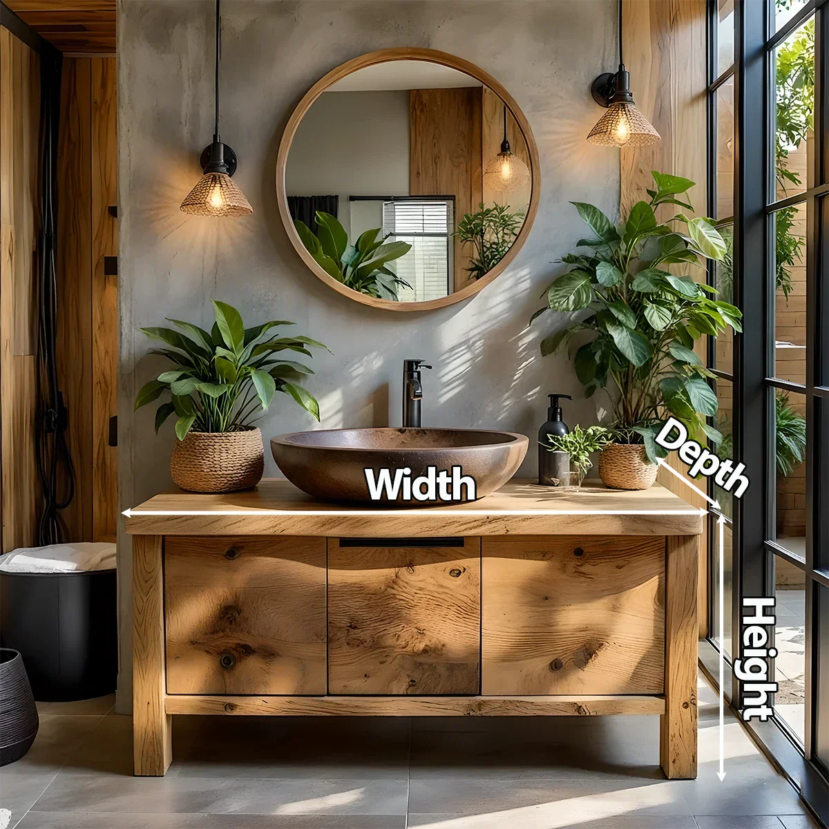 Natural Solid Wood Vanity with Smooth-Corner Frame & Center Cabinet - Rustira