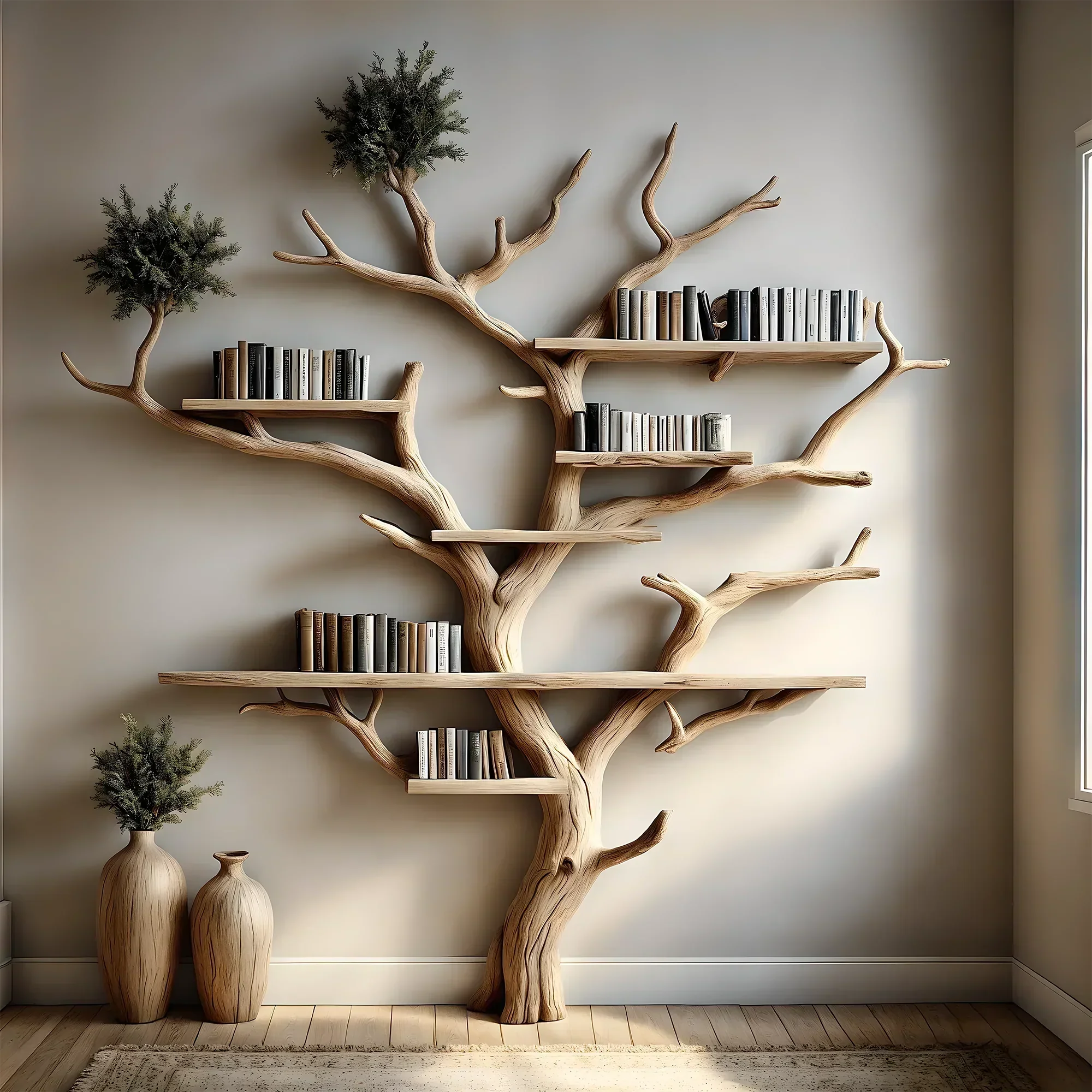 Natural wooden tree-shaped bookshelf decorates the living room with tree branches and solid wood furniture 