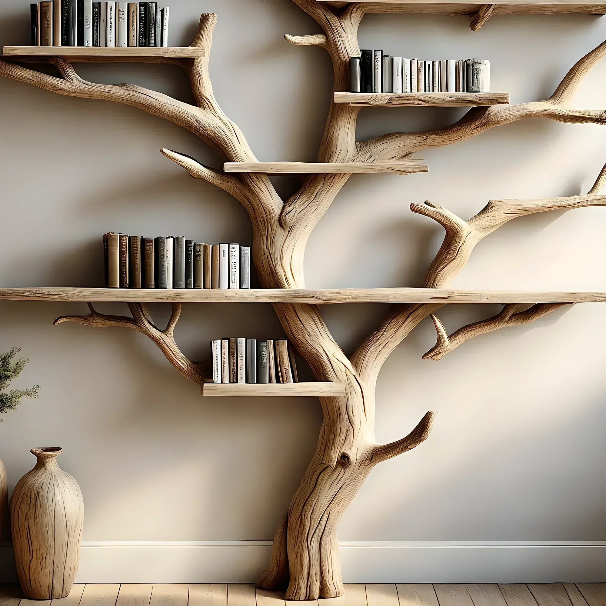 Natural wooden tree-shaped bookshelf decorates the living room with tree branches and solid wood furniture 