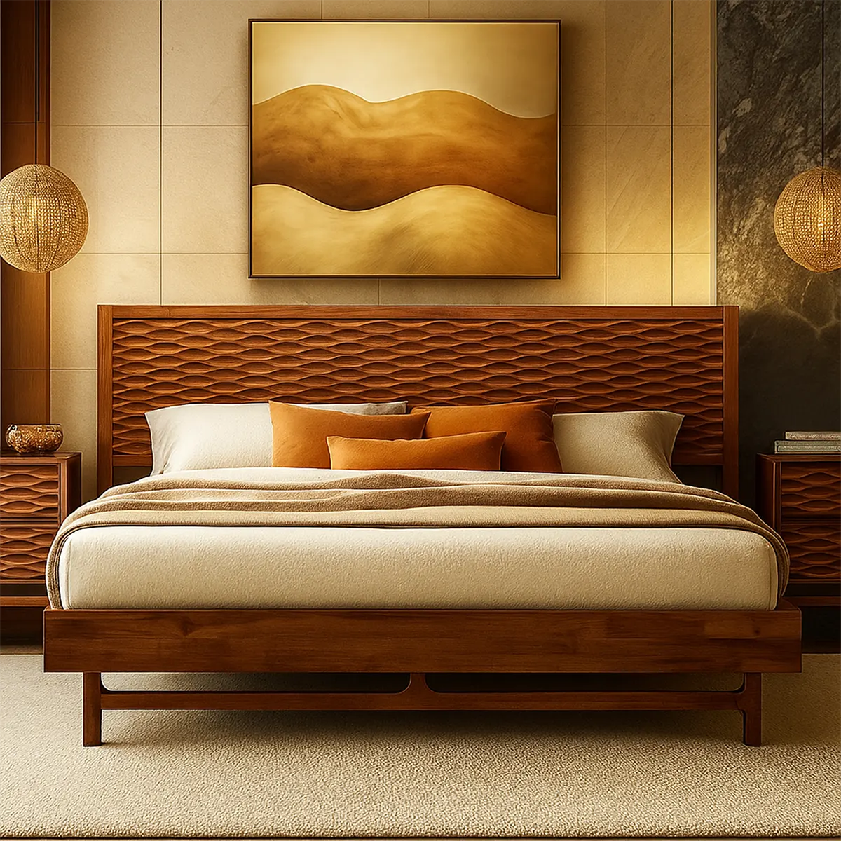 Natural Wood Bed Modern Design - Sturdy, Luxurious - Rustira