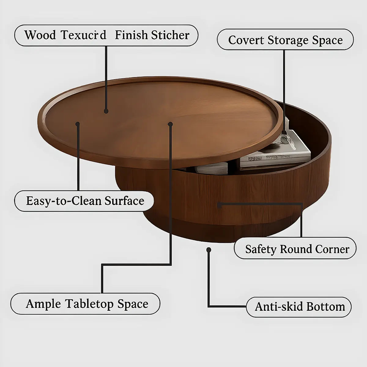 Natural Wood Round Coffee Table – Hidden Storage Shelf, Modern Design 