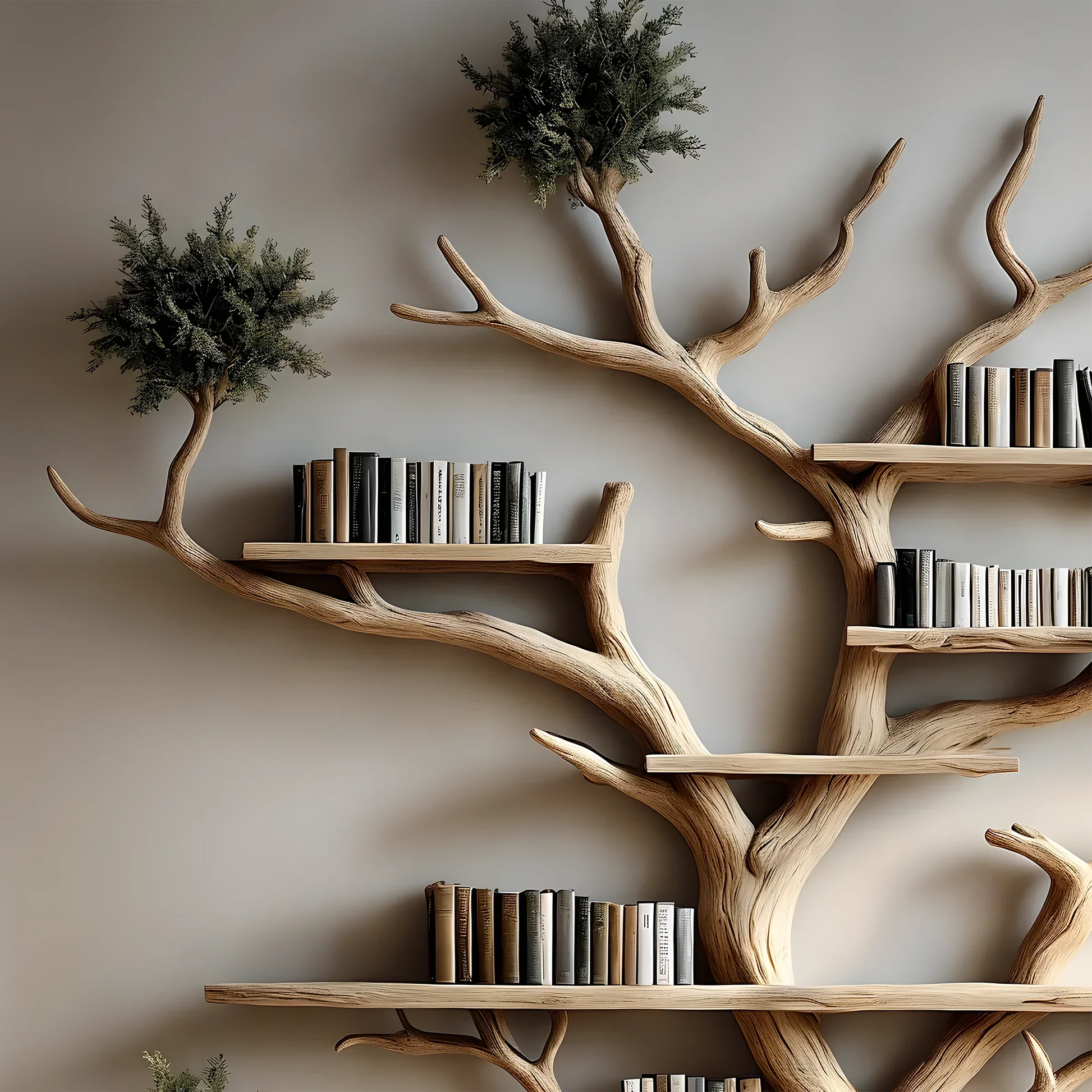 Natural wooden tree-shaped bookshelf decorates the living room with tree branches and solid wood furniture 