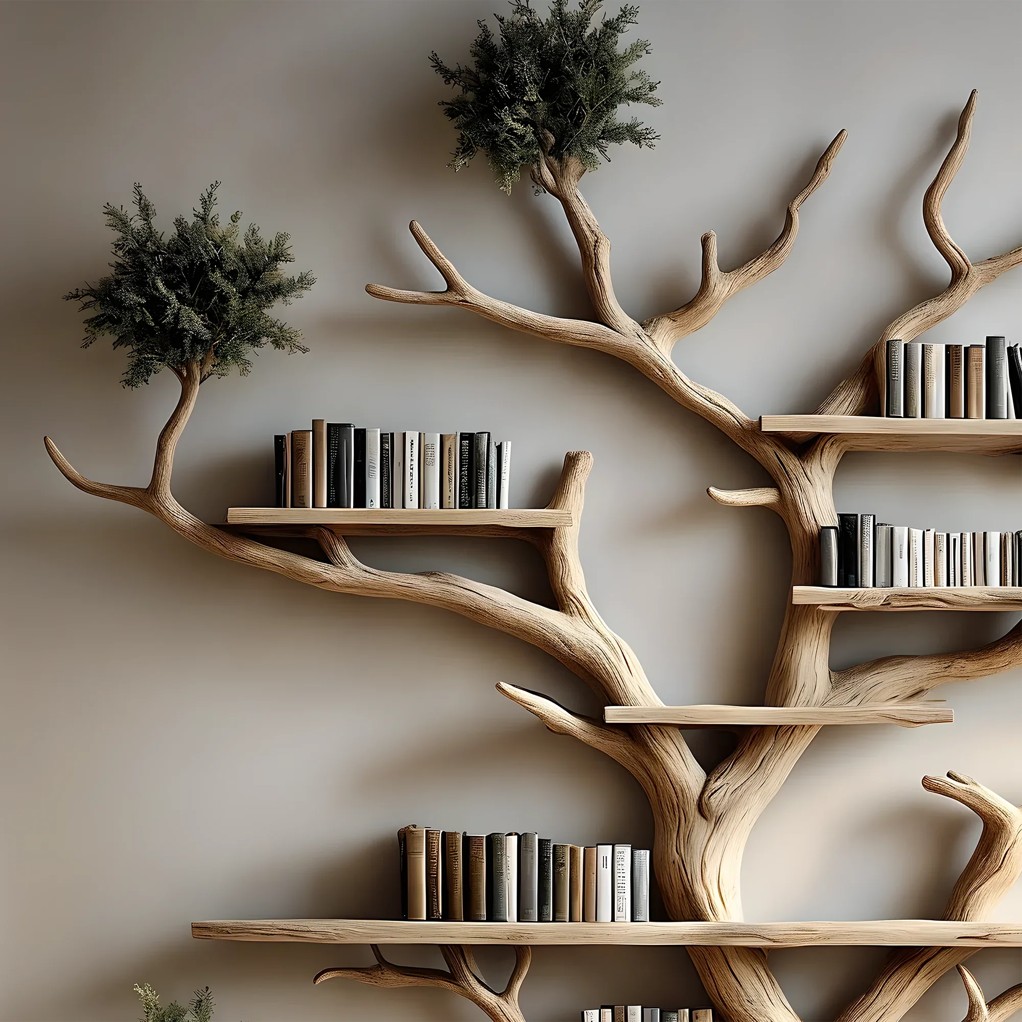 Natural wooden tree-shaped bookshelf decorates the living room with tree branches and solid wood furniture 