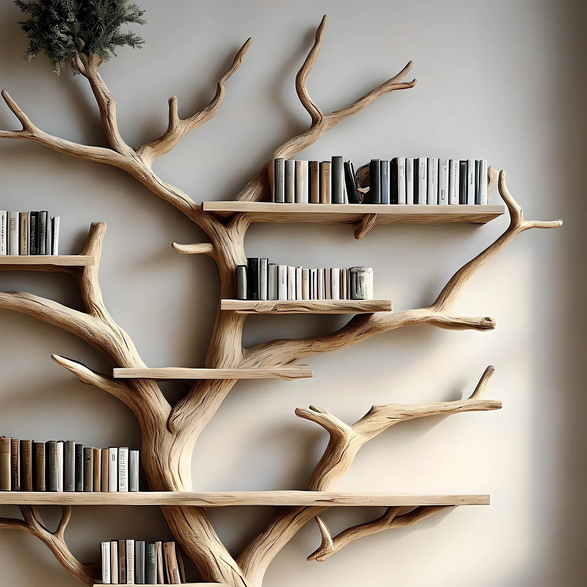 Natural wooden tree-shaped bookshelf decorates the living room with tree branches and solid wood furniture 