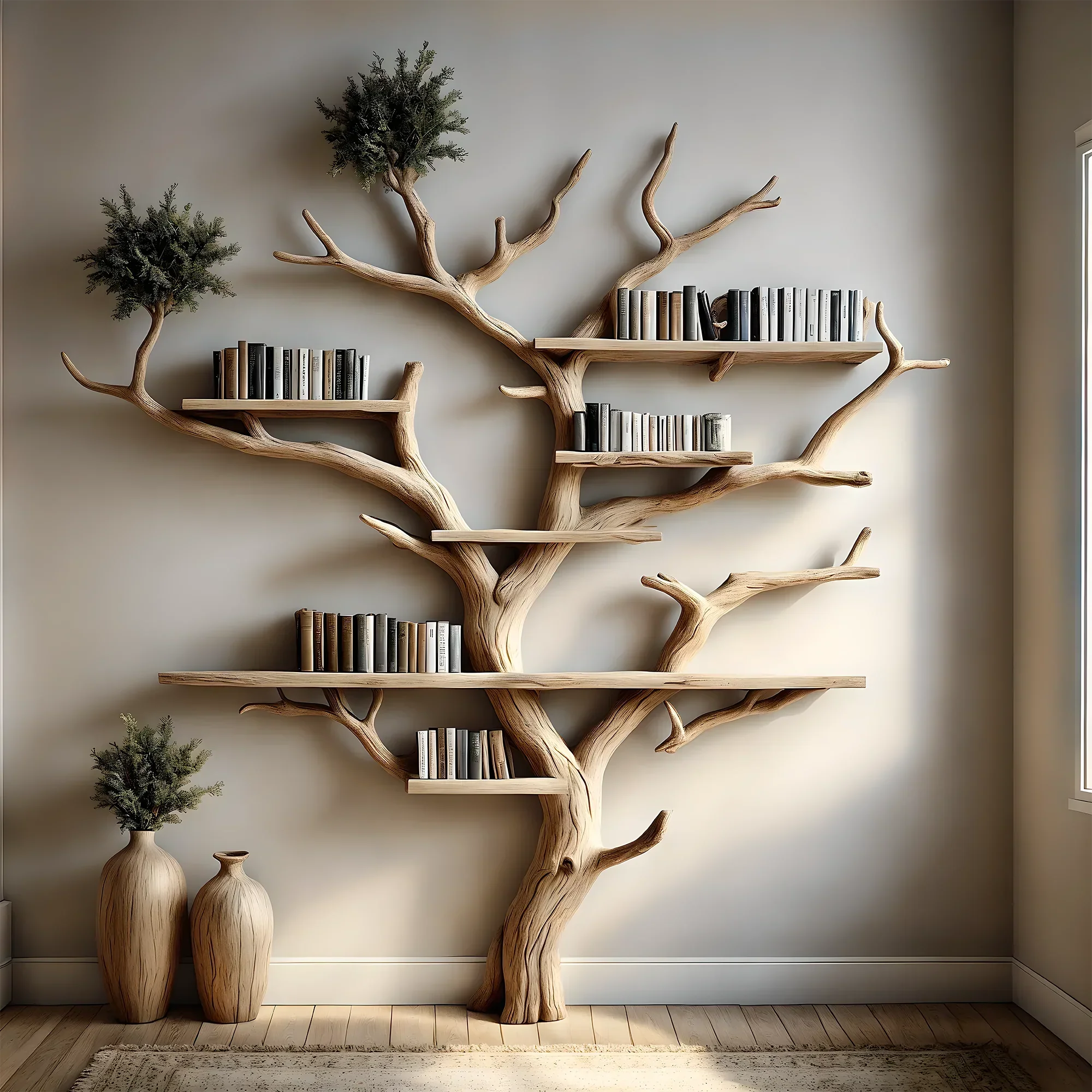 Natural wooden tree-shaped bookshelf decorates the living room with tree branches and solid wood furniture 