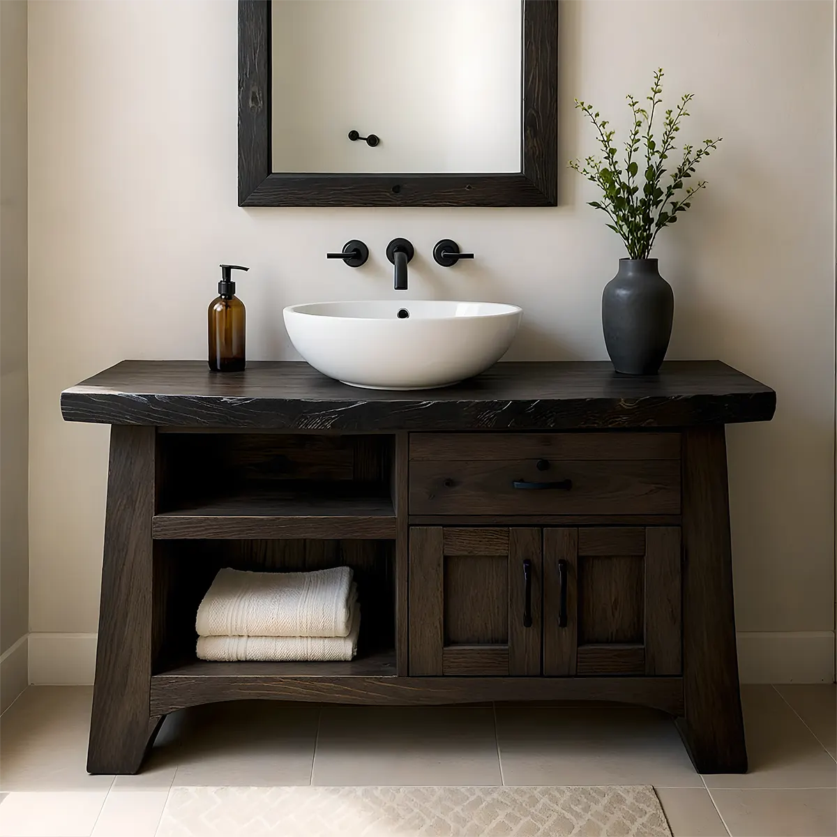 NoirOak Vanity – Rustic Solid Wood Bathroom Cabinet - Rustira