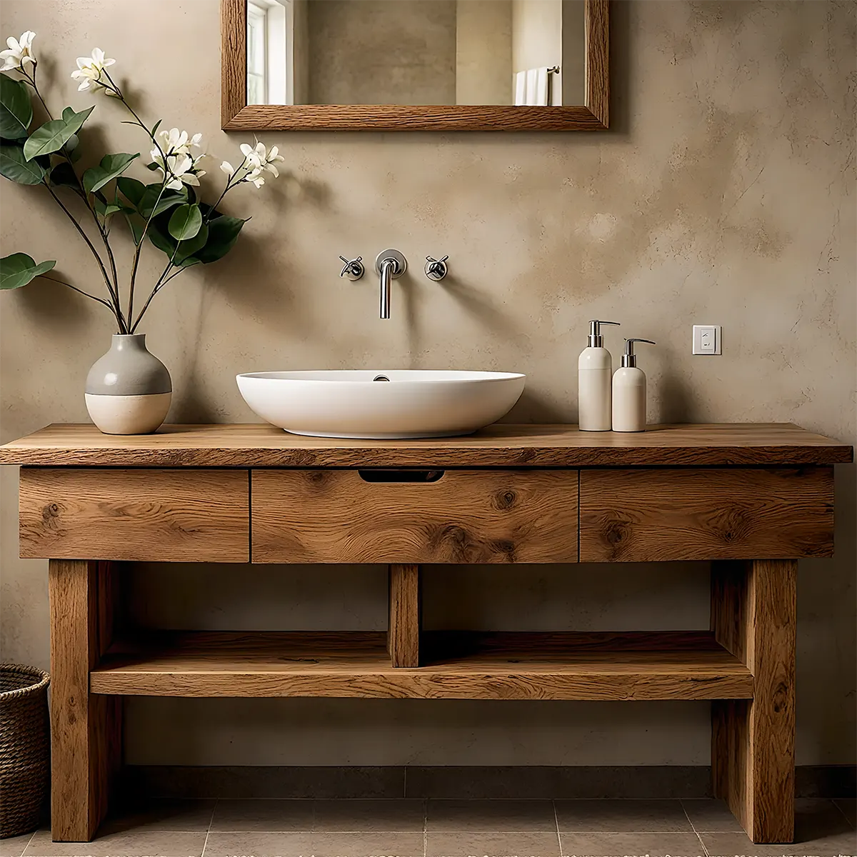 Oak Haven Bathroom Vanity – Solid Wood with Drawers - Rustira