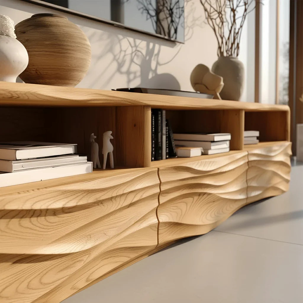 Oak Sculpted TV Stand with Open Shelves – Japandi Media Console - Rustira