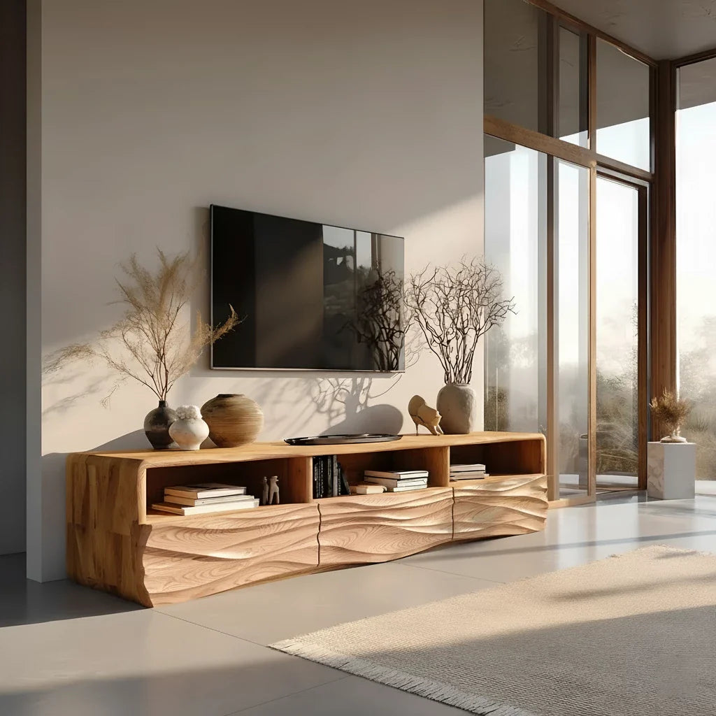 Oak Sculpted TV Stand with Open Shelves – Japandi Media Console - Rustira