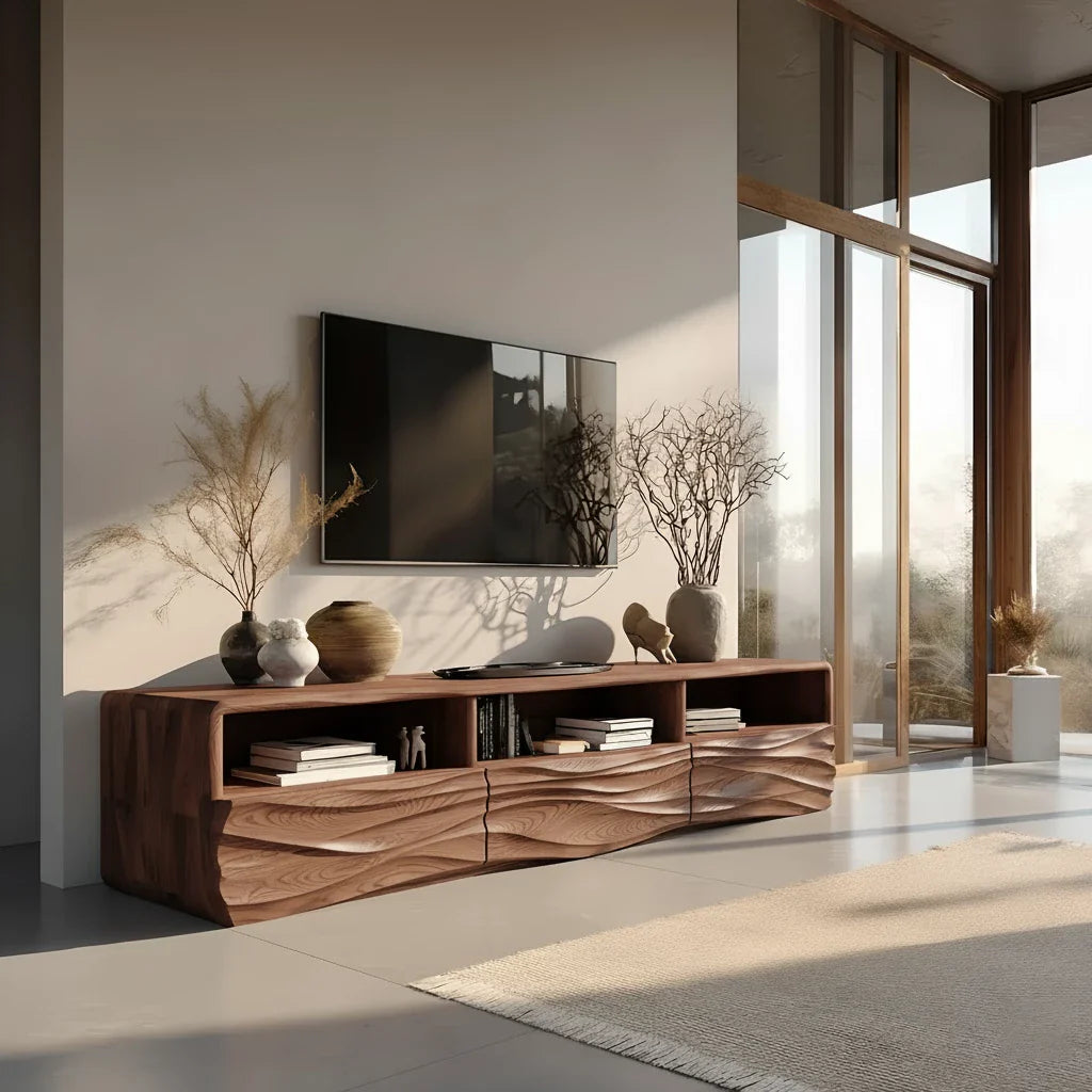 Oak Sculpted TV Stand with Open Shelves – Japandi Media Console - Rustira