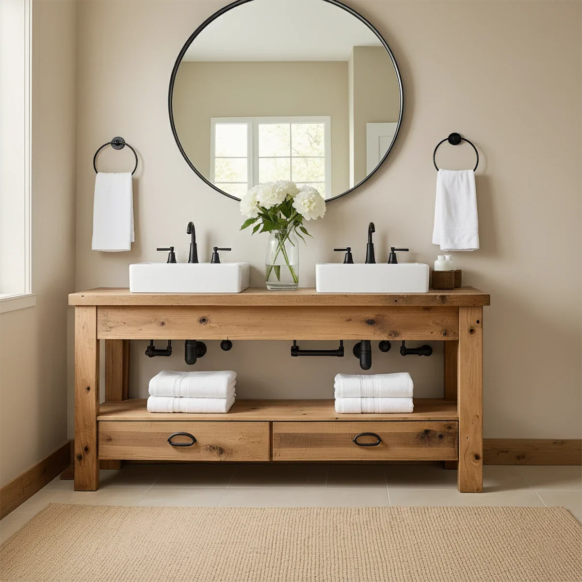 Open Frame Double Sink Solid Wood Vanity – Japandi Rustic Design - Rustira
