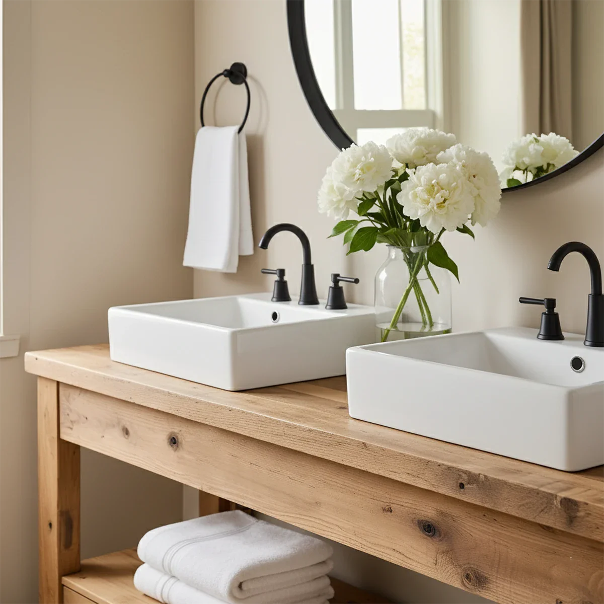 Open Frame Double Sink Solid Wood Vanity – Japandi Rustic Design - Rustira