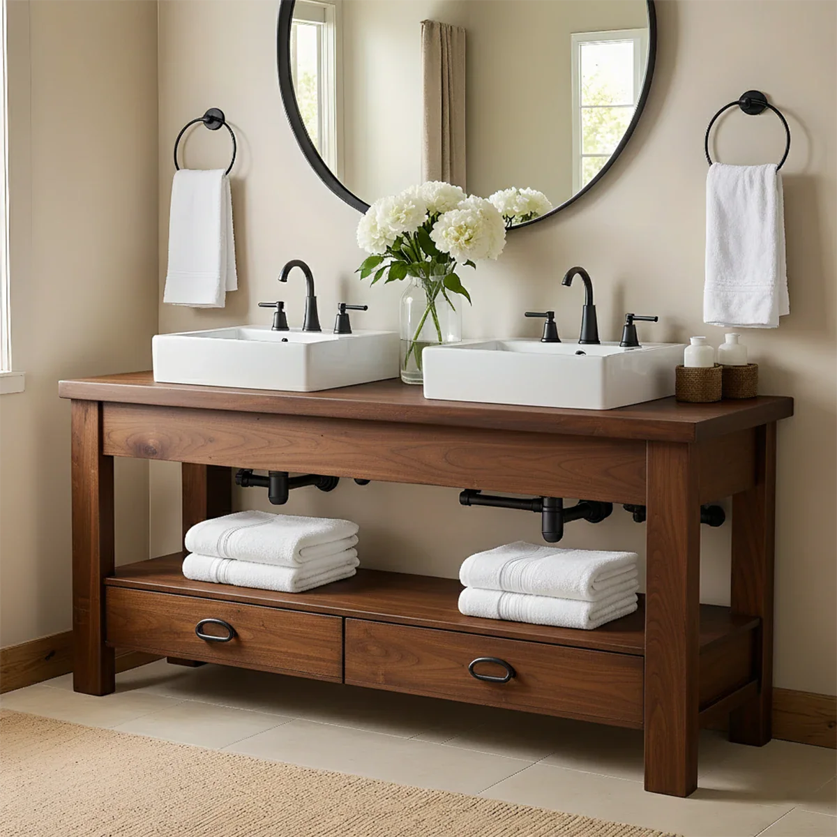 Open Frame Double Sink Solid Wood Vanity – Japandi Rustic Design - Rustira