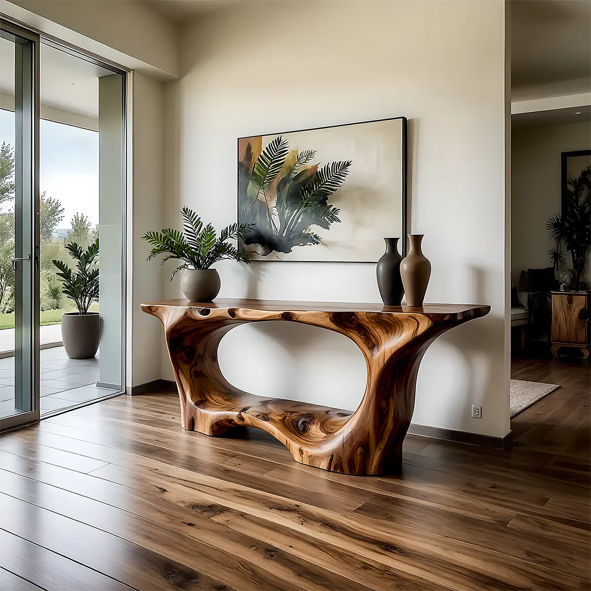 Open Frame Walnut Console Table – Natural Sculptural Form - Rustira