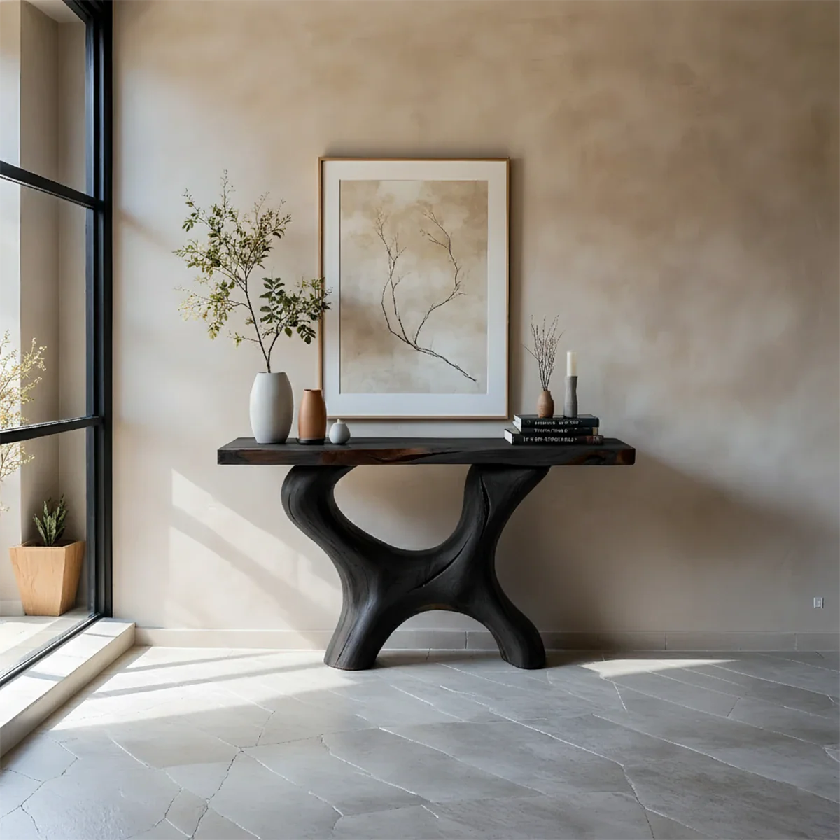 Organic Curved Solid Wood Console Table – Sculptural Minimalist Table - Rustira