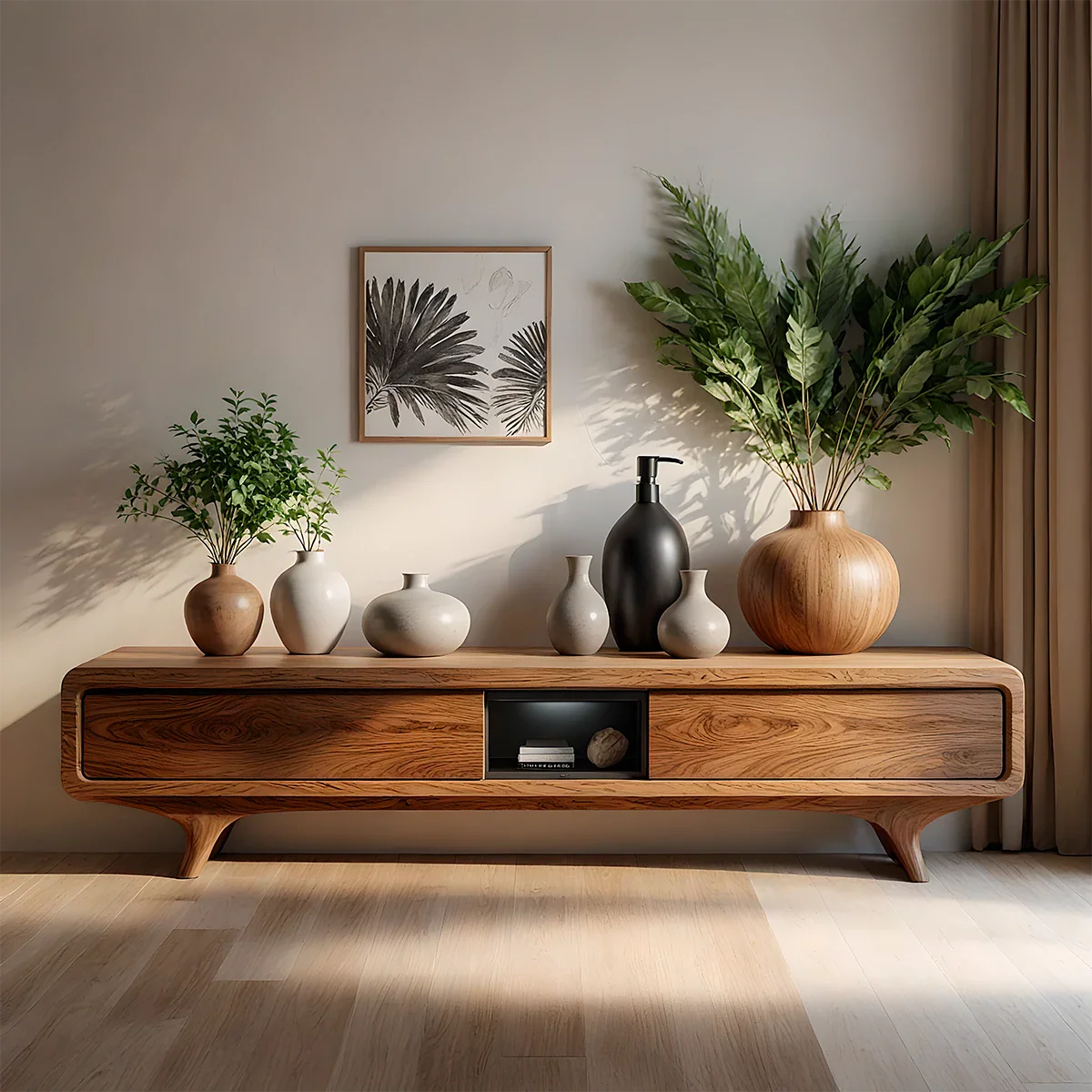 Organic Curved Solid Wood TV Stand – Mid-Century Modern Media Console - Rustira