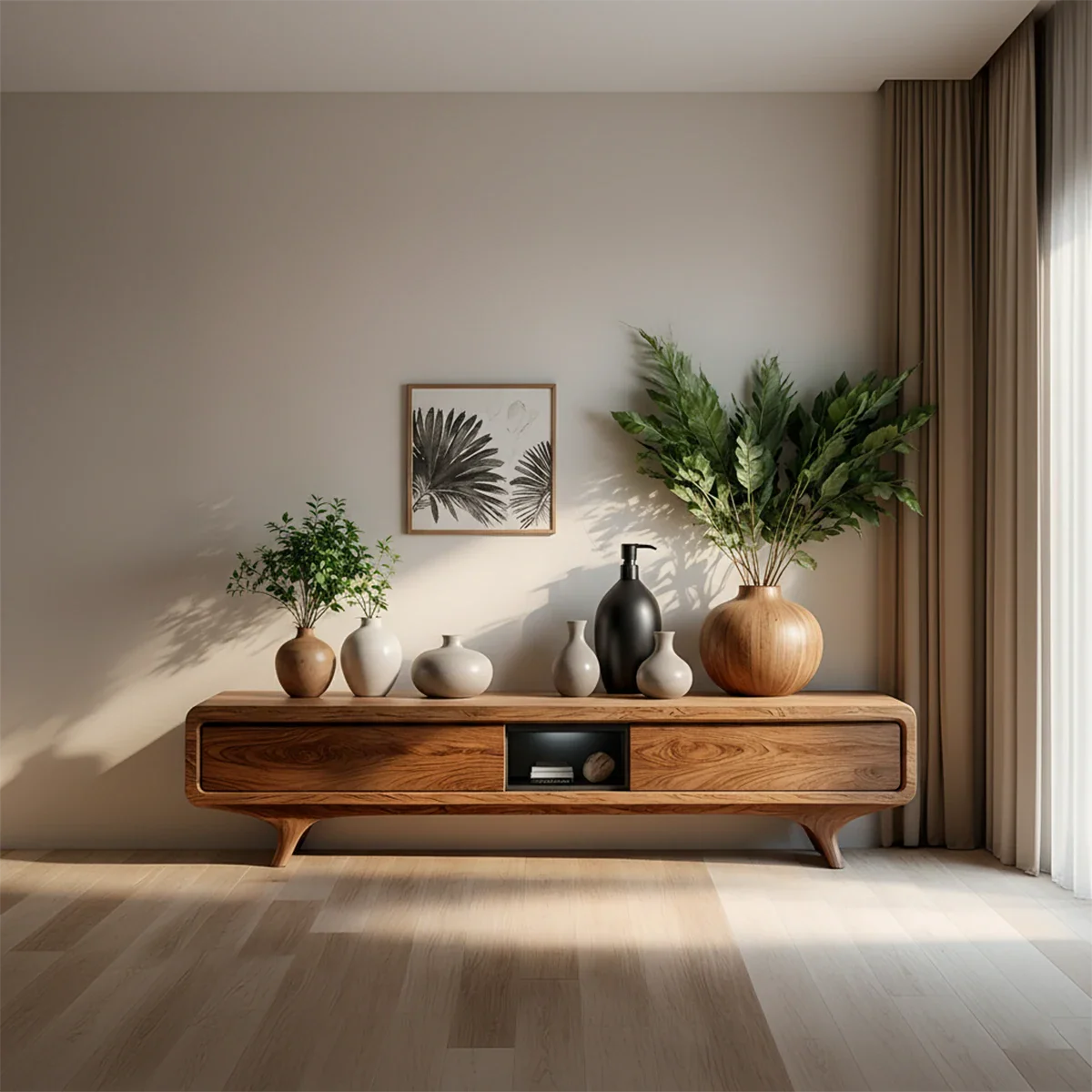 Organic Curved Solid Wood TV Stand – Mid-Century Modern Media Console - Rustira