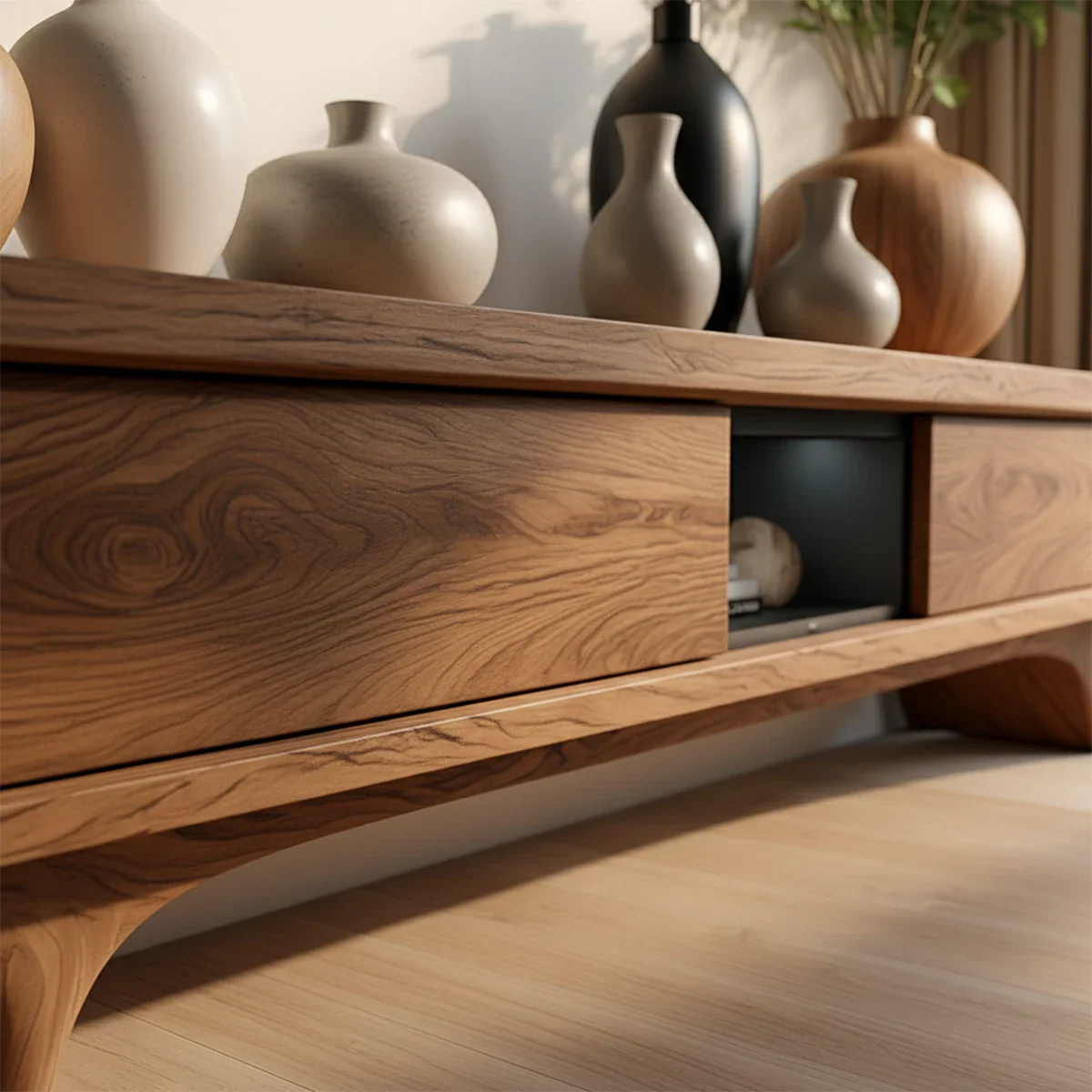 Organic Curved Solid Wood TV Stand – Mid-Century Modern Media Console - Rustira