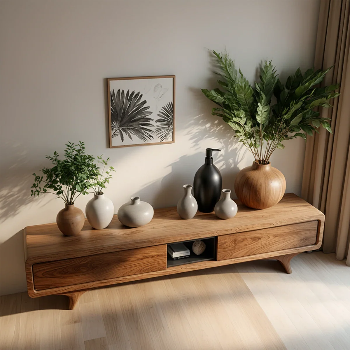 Organic Curved Solid Wood TV Stand – Mid-Century Modern Media Console - Rustira